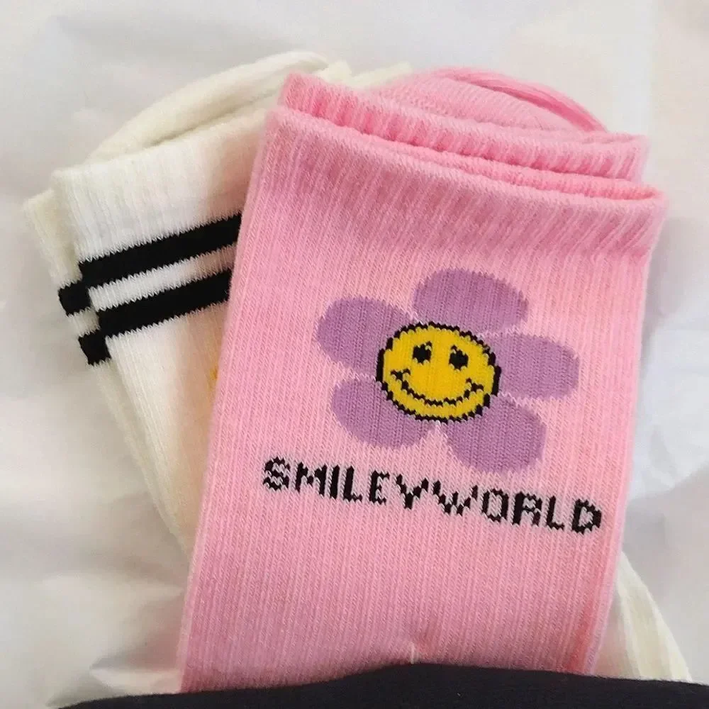 Smiley World 3‎ Pairs Girl's Crew Socks NWOT Pink White Black Girly Floral